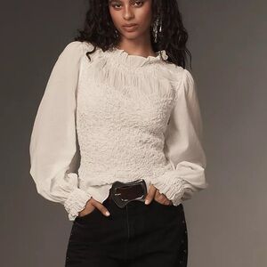 Anthropologie Balloon-Sleeve Smocked Peplum Blouse